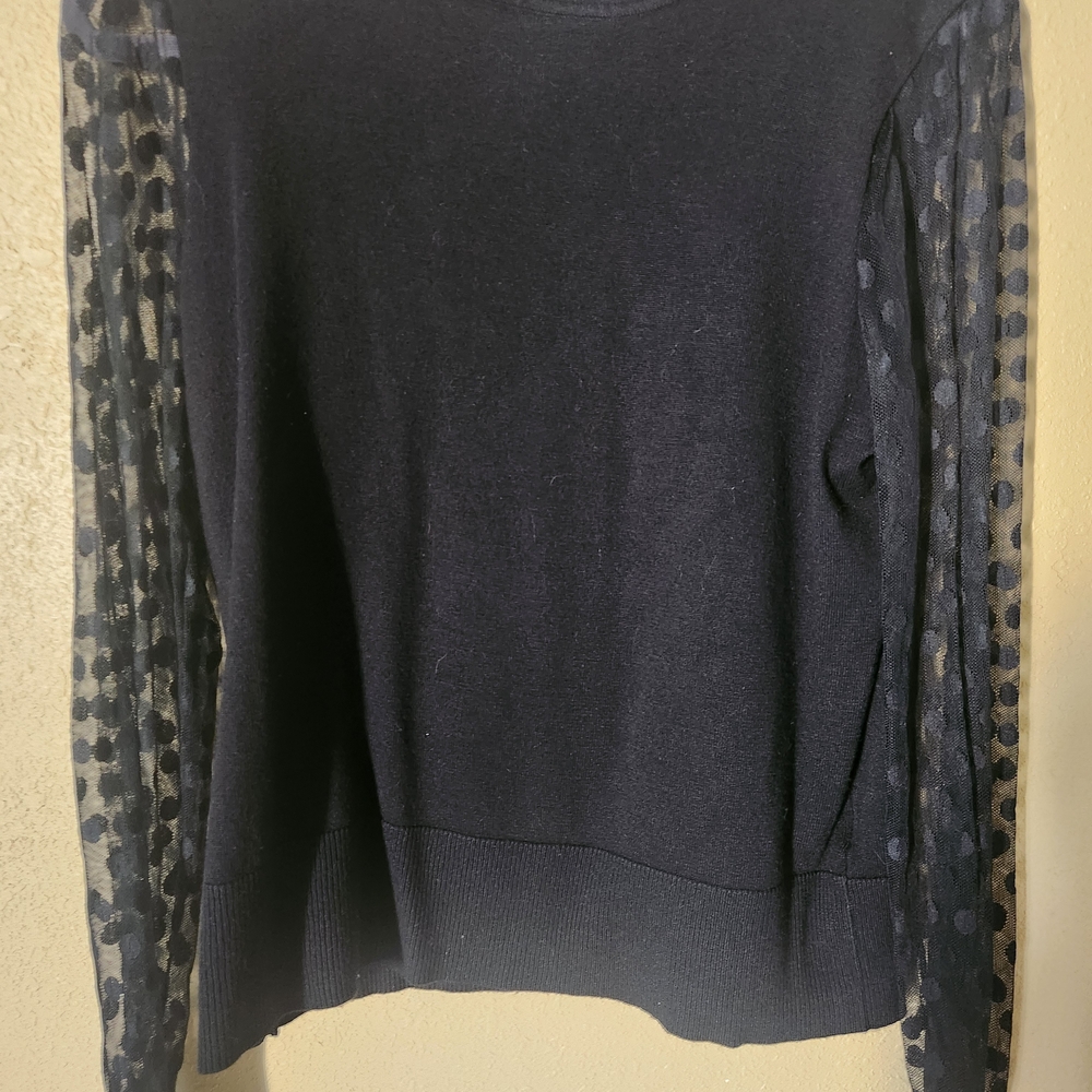 APRICOT Navy Blouse with Sheer Polka Dot Sleeves